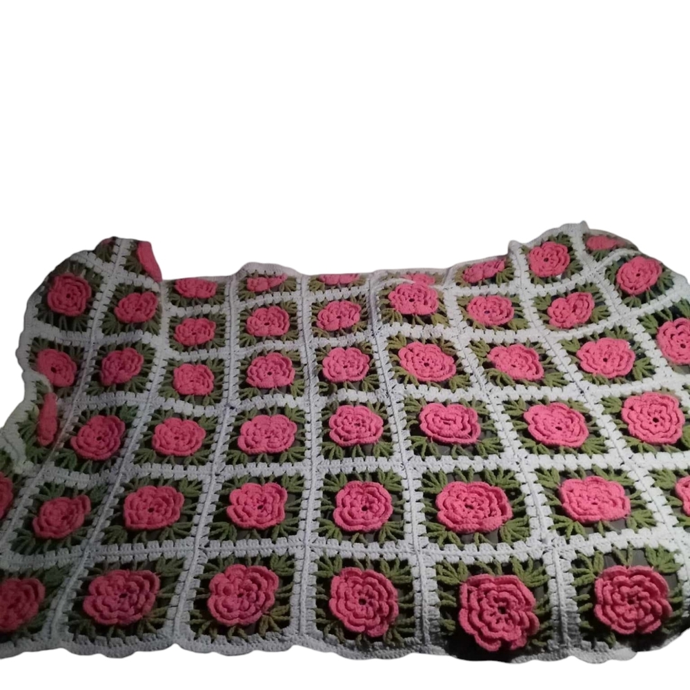 Vintage White Pink Rose Flower Afghan Crochet Blanket Cover Throw 86 by 52
